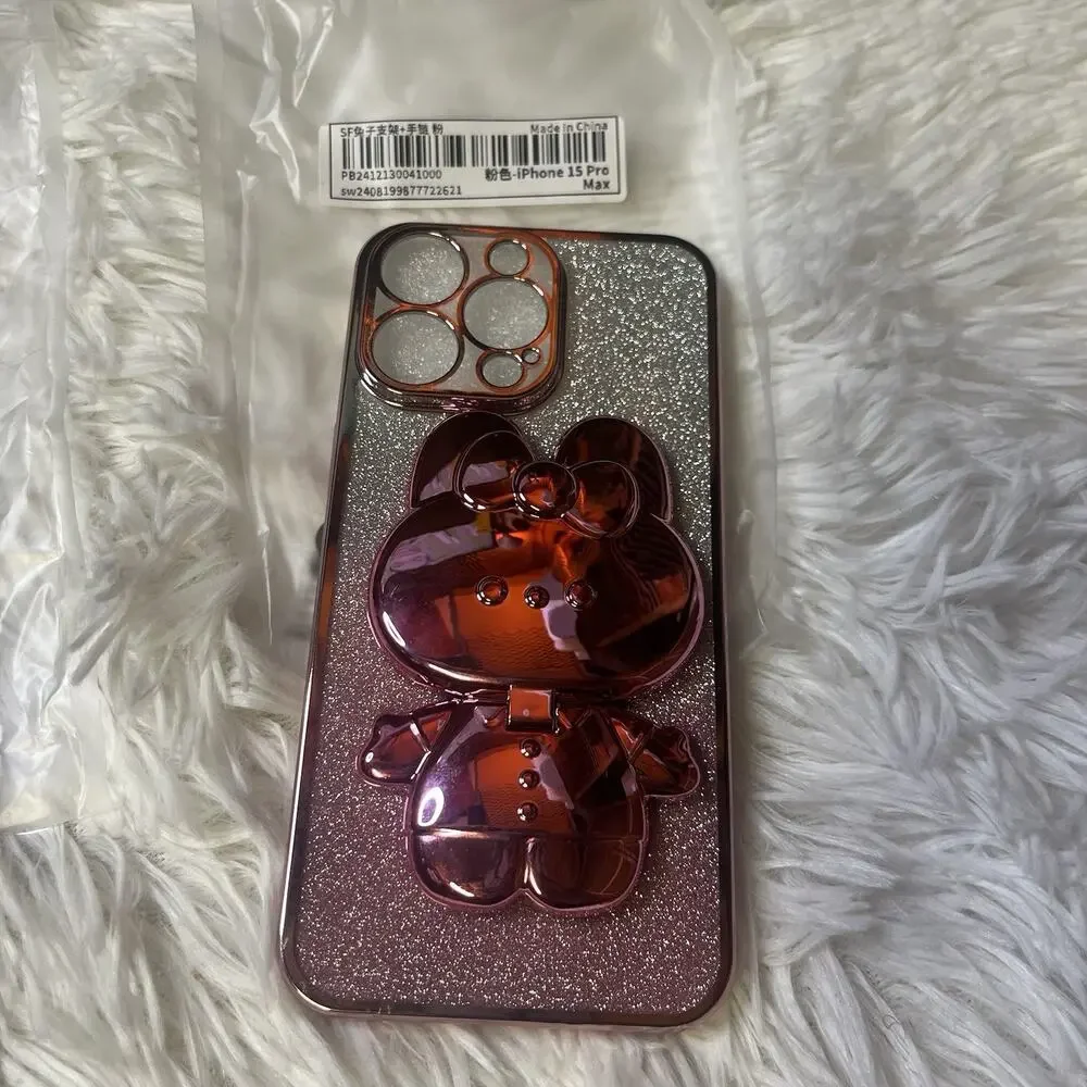 Lot Of 2 iPhone 15 Pro Max Plated Glitter Rhinestone Heart Hello Kit Phone Case